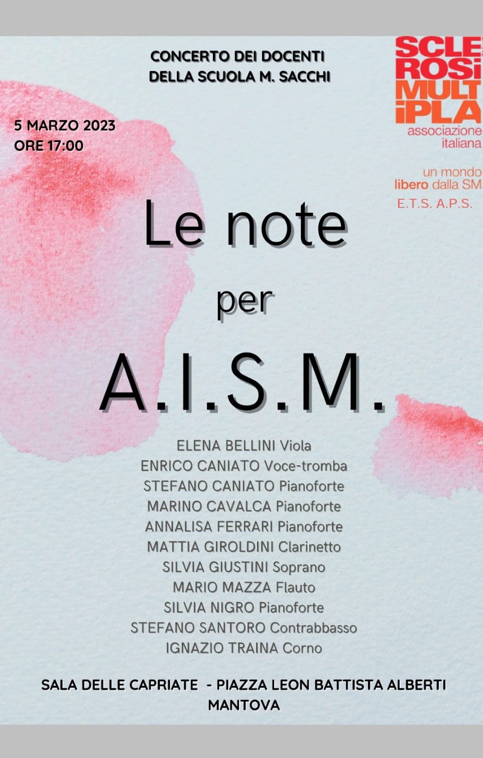 I docenti della scuola Sacchi di Mantova dedicheranno un pomeriggio di musica a favore della sezione AISM di Mantova. L’evento è aperto a tutti!! Vi aspettiamo!